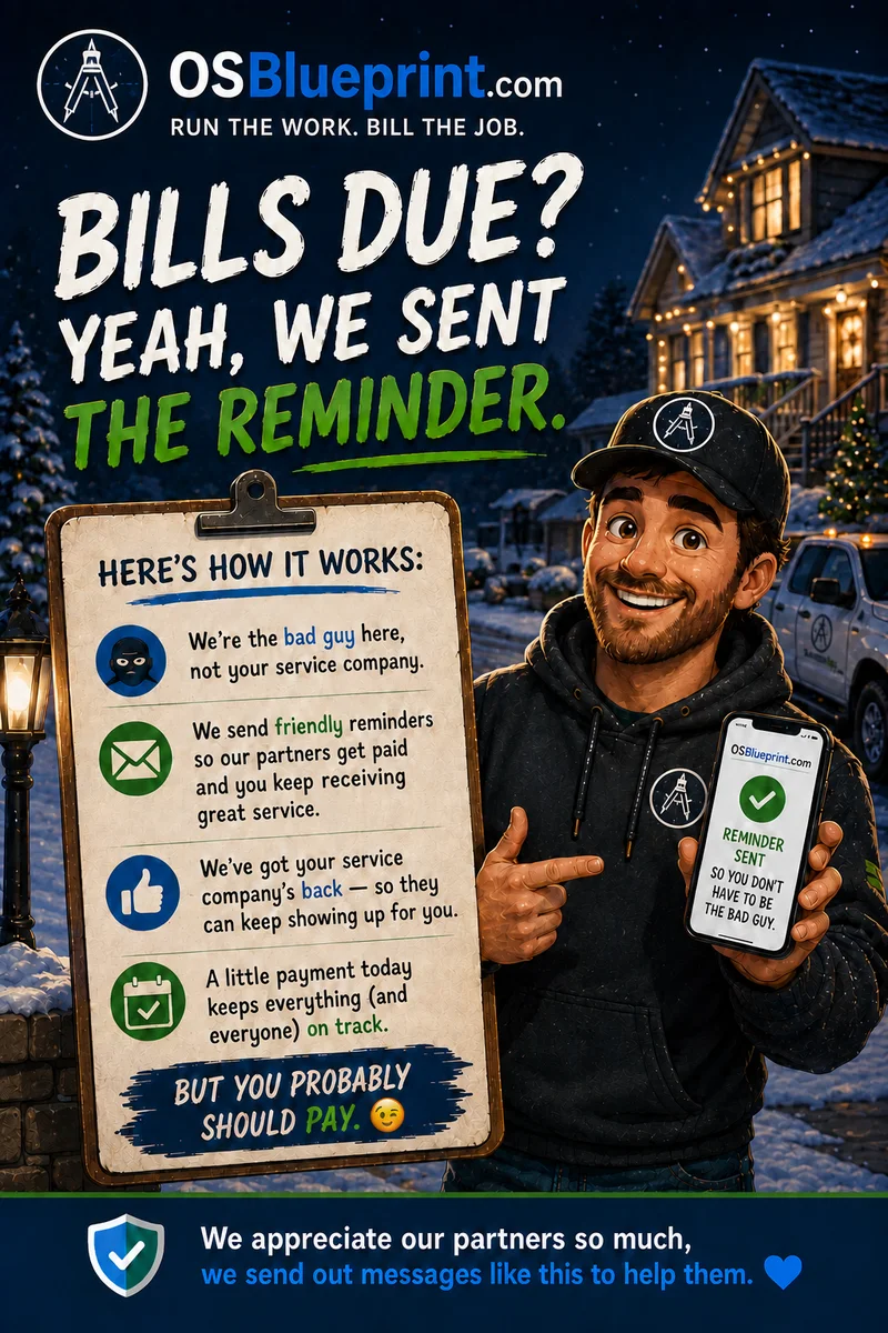 A winter cartoon payment reminder