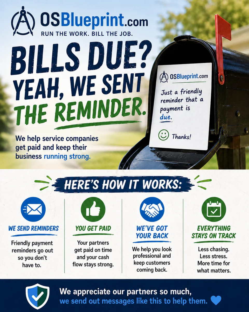 A friendly cartoon showing a business owner checking a bill reminder