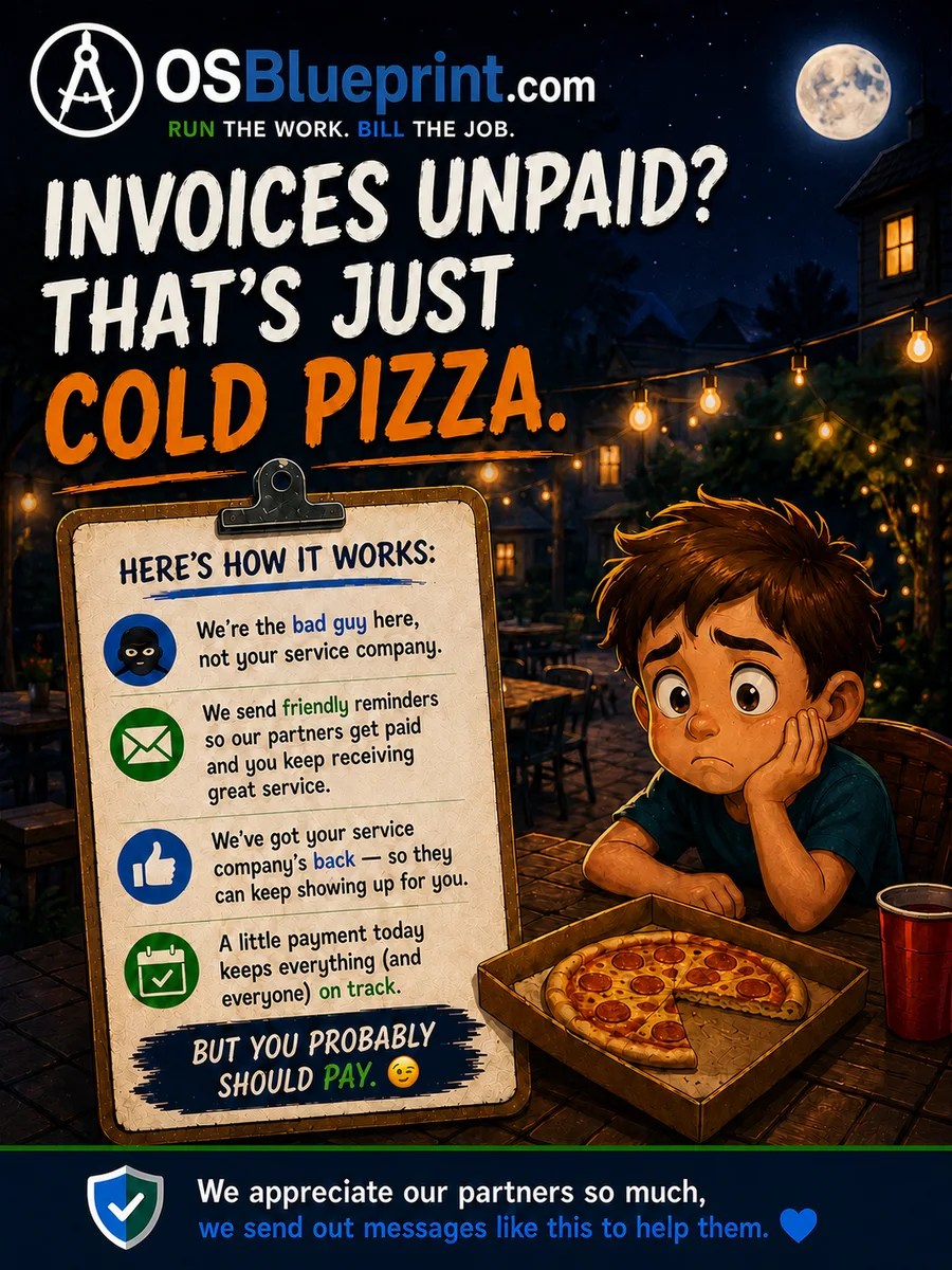 A cartoon reminder about not letting an unpaid bill become yesterday's cold pizza