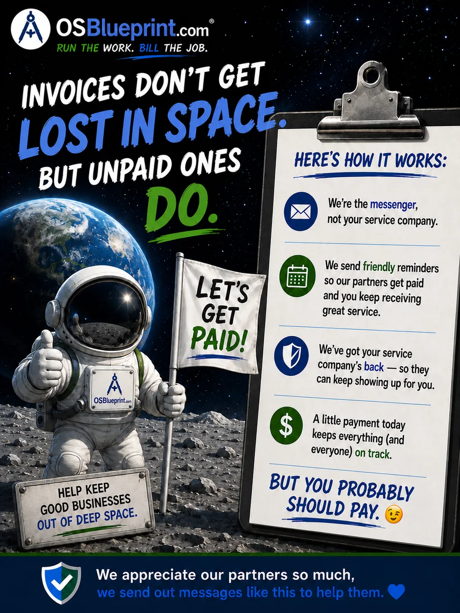 A space-themed cartoon payment reminder