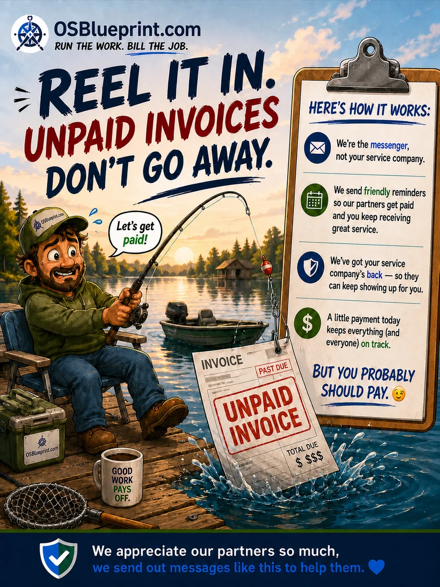 A fishing-themed cartoon payment reminder
