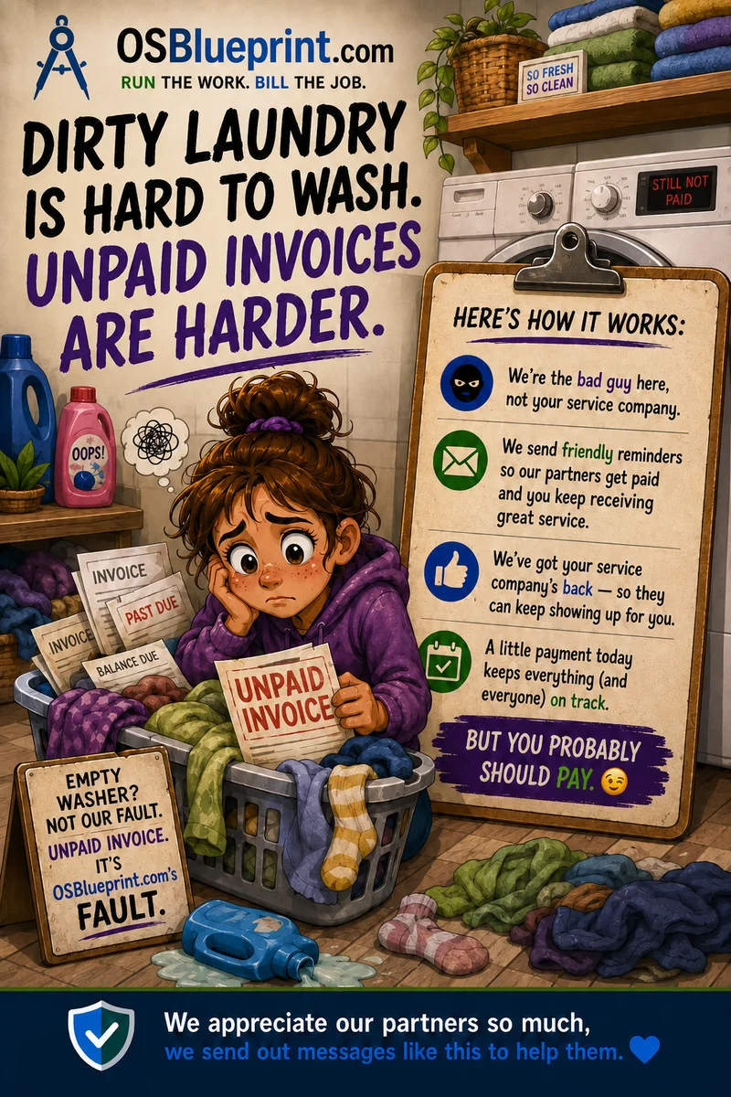 A laundry-themed cartoon payment reminder