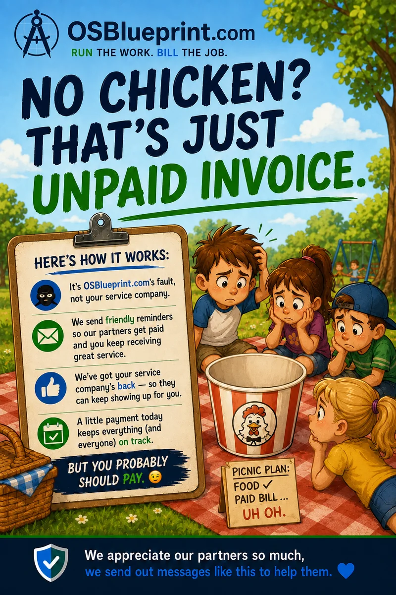 A picnic-themed cartoon payment reminder