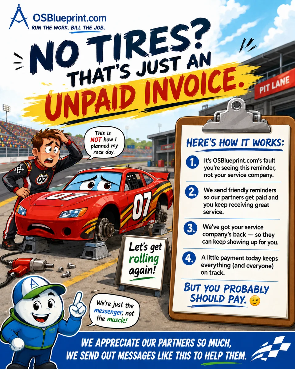 A race-car-themed cartoon payment reminder