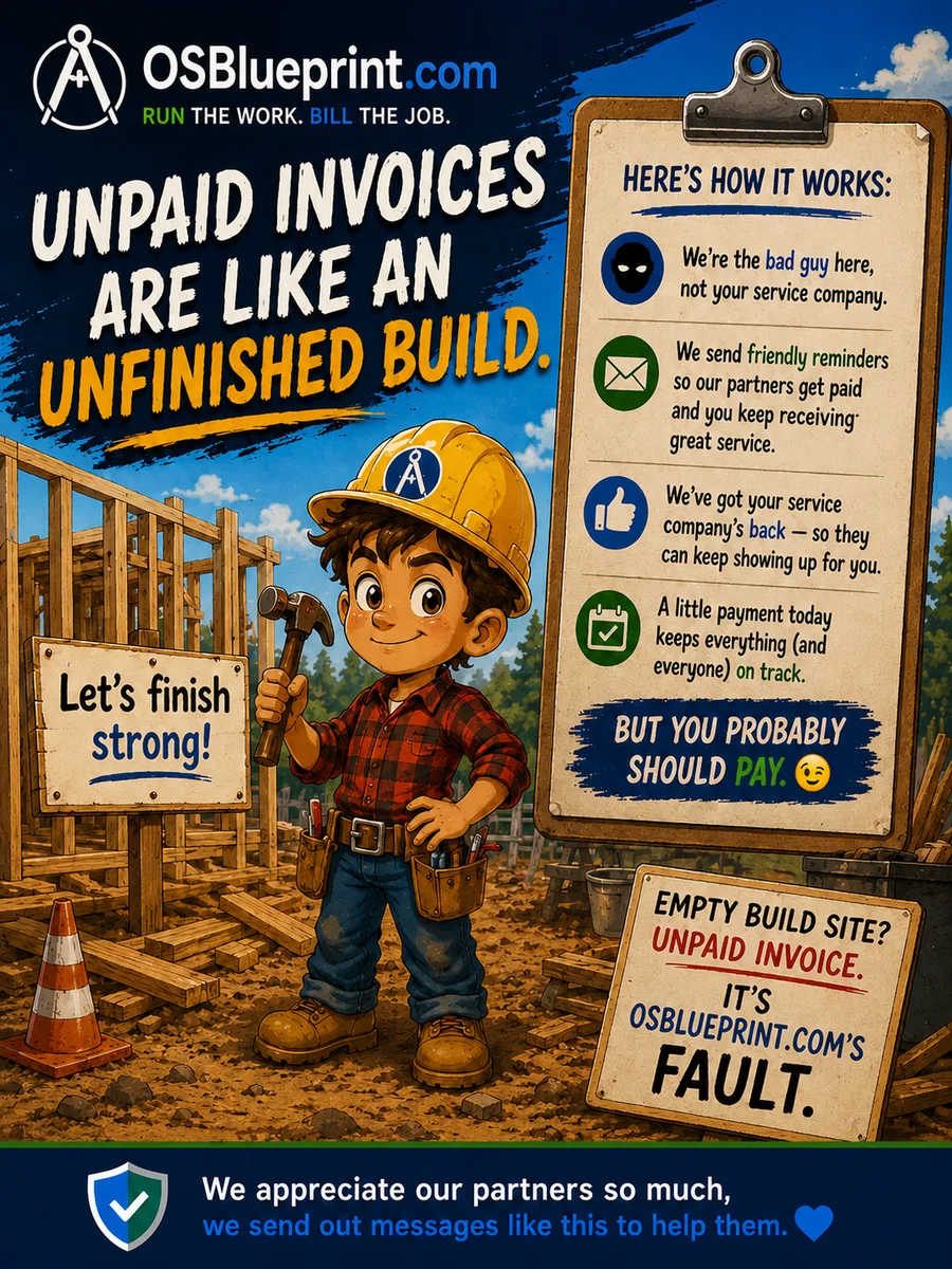 A construction-themed cartoon payment reminder