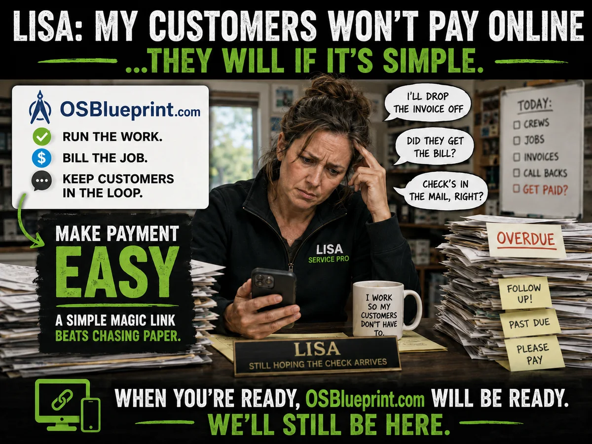 OSBlueprint illustration for the common objection: My Customers Won't Pay Online.