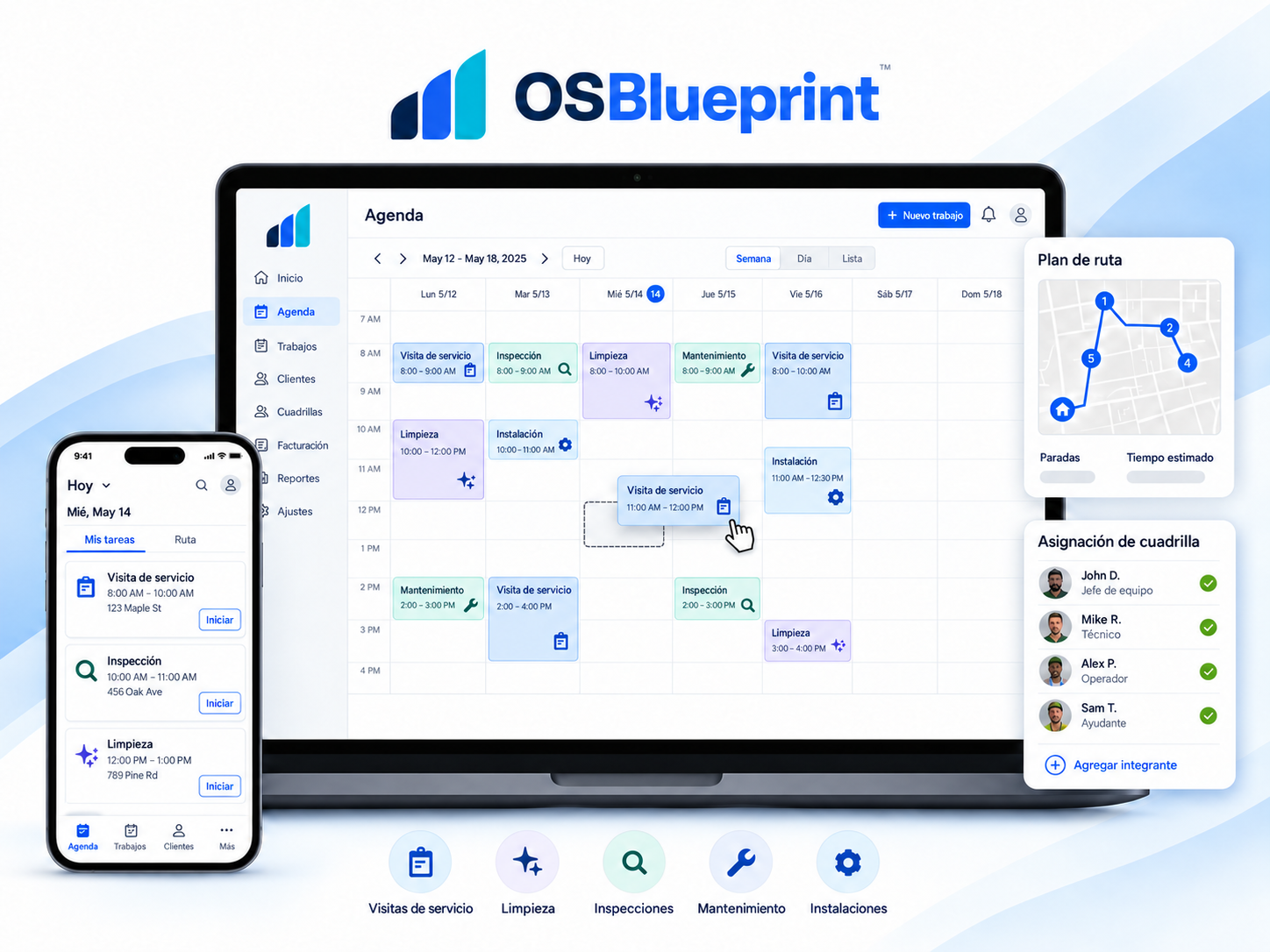 Agenda y ruta ilustrativas de OSBlueprint en español, con trabajos y asignaciones de cuadrilla.