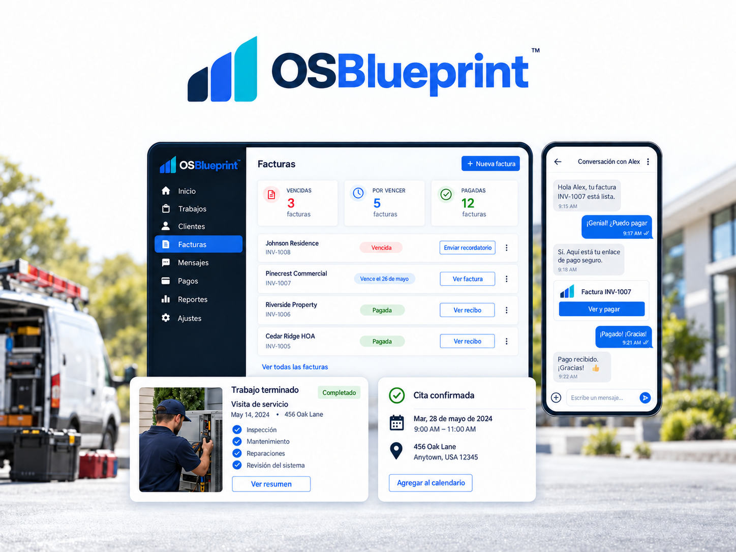 Facturas, mensajes y servicio ilustrativos de OSBlueprint en español.